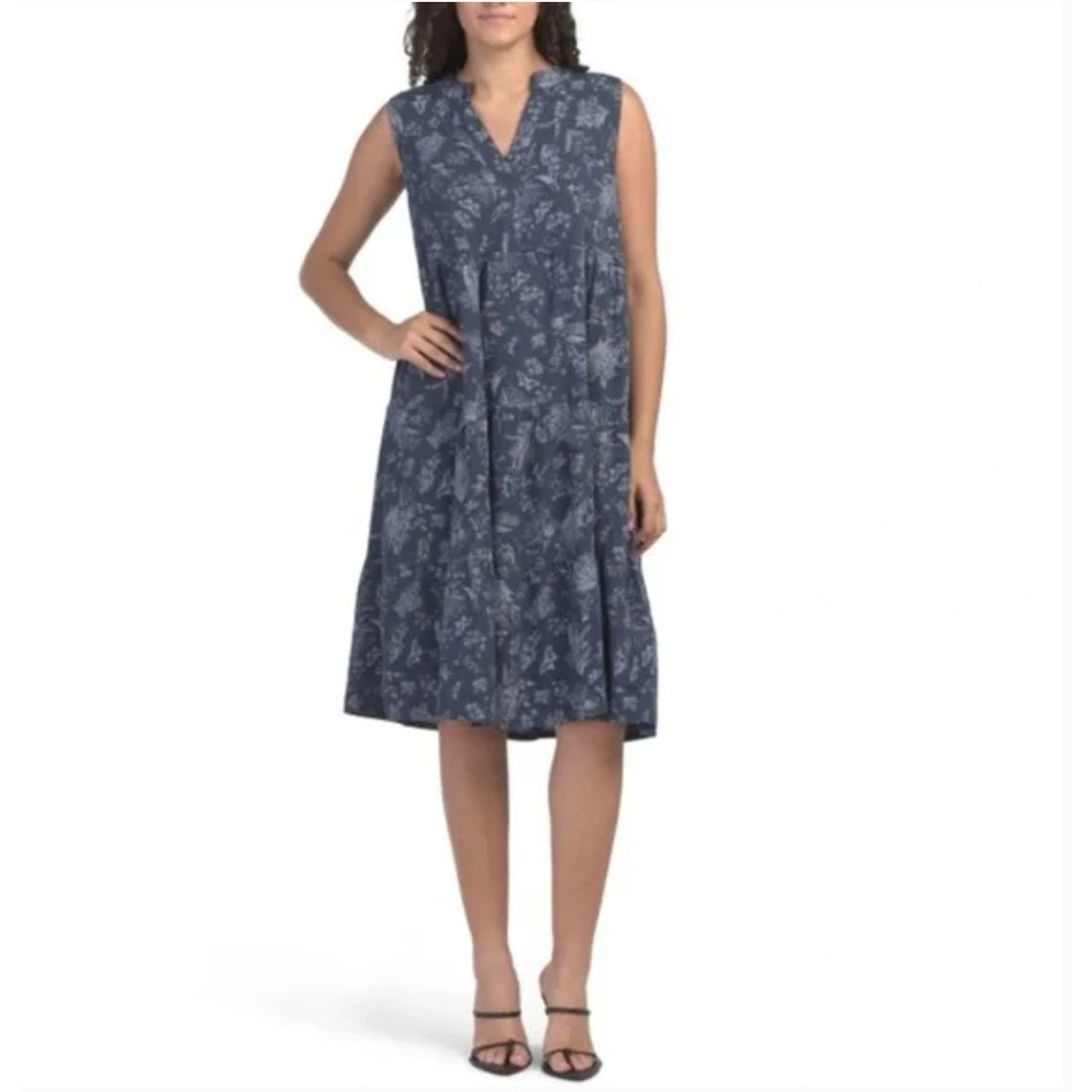 Rosemarine Floral Blue Linen Tiered Midi Dress